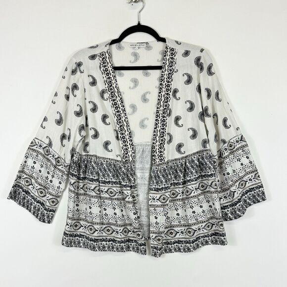 Indio Collective Womens Large Black White Paisley Boho Open Front Shirt Top - Picture 2 of 8